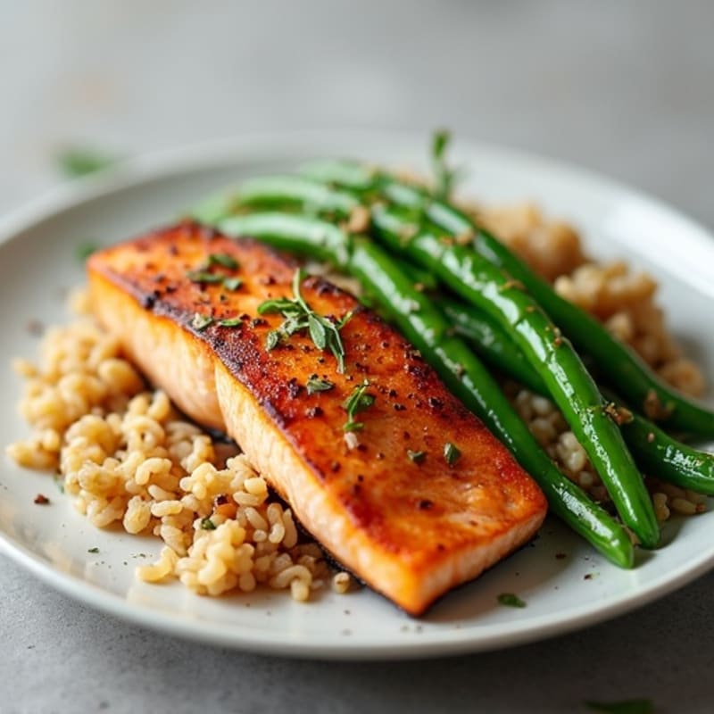 Seared Salmon with Garlic Green Beans and Brown Rice