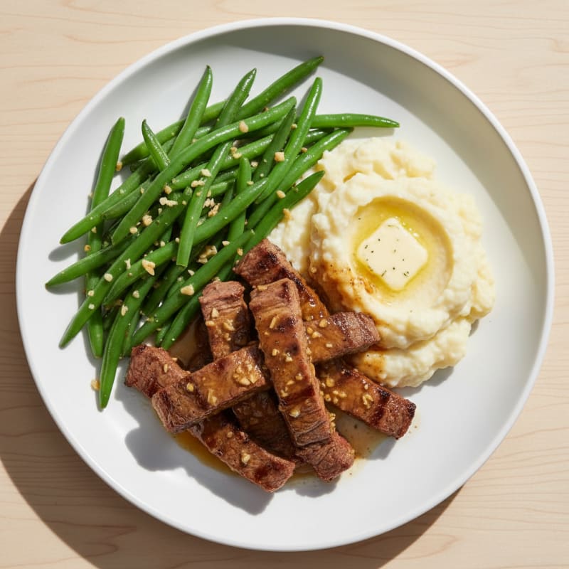 Seared Lean Beef Strips with Garlic Green Beans and Mashed Cauliflower