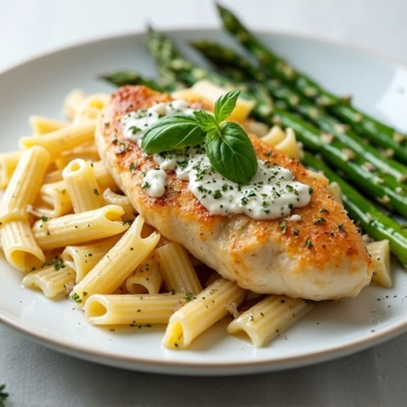 Creamy Lemon Herb Chicken Pasta with Roasted Asparagus