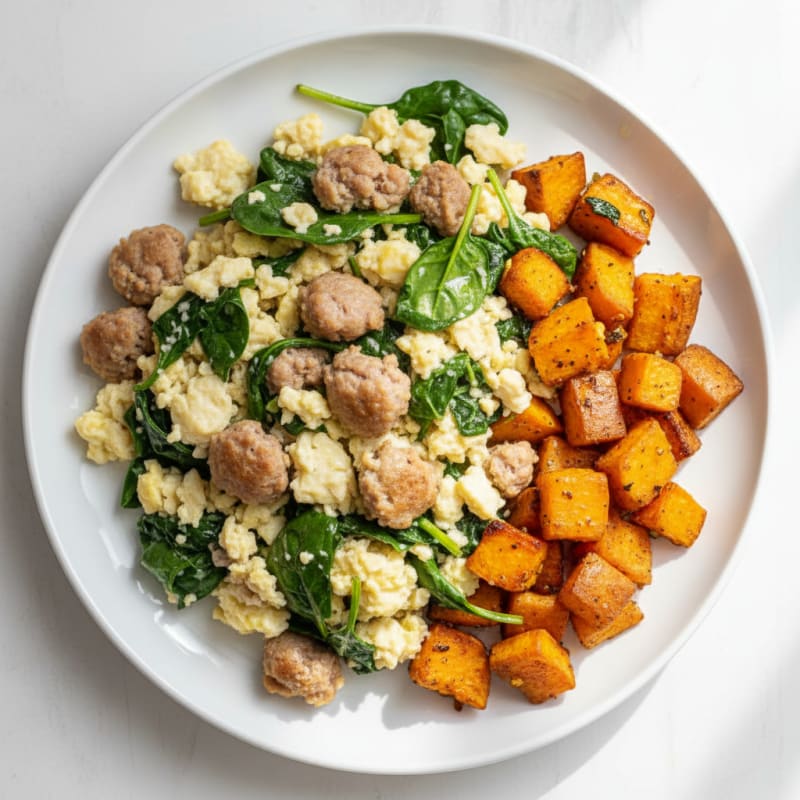 Egg White and Turkey Sausage Scramble with Spinach and Roasted Sweet Potatoes