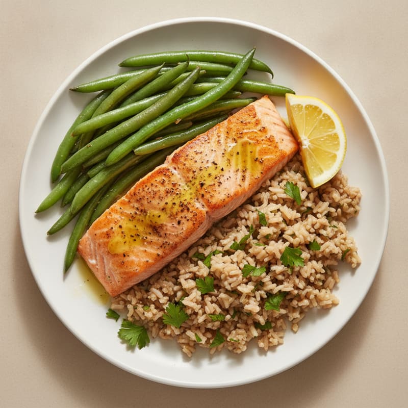 Seared Salmon with Steamed Green Beans and Herb Rice