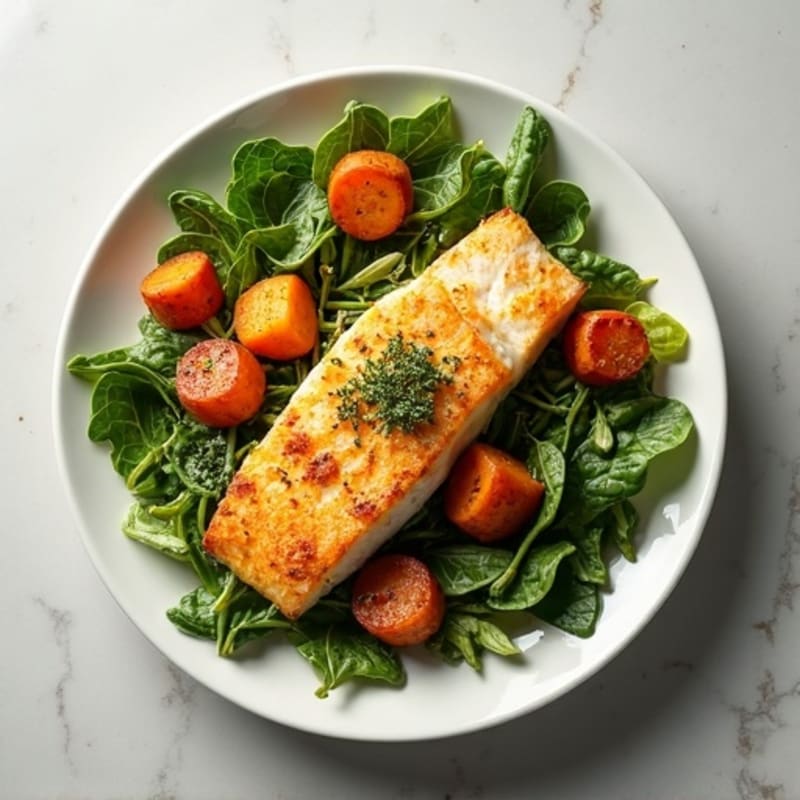 Crispy Pan-Seared Seabass with Roasted Sweet Potatoes and Fresh Herb Salad