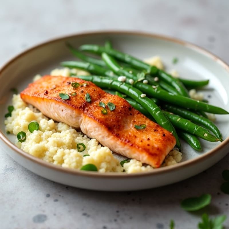 Seared Salmon with Garlic Green Beans and Mashed Cauliflower