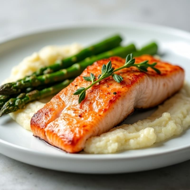 Seared Salmon with Steamed Asparagus and Cauliflower Mash
