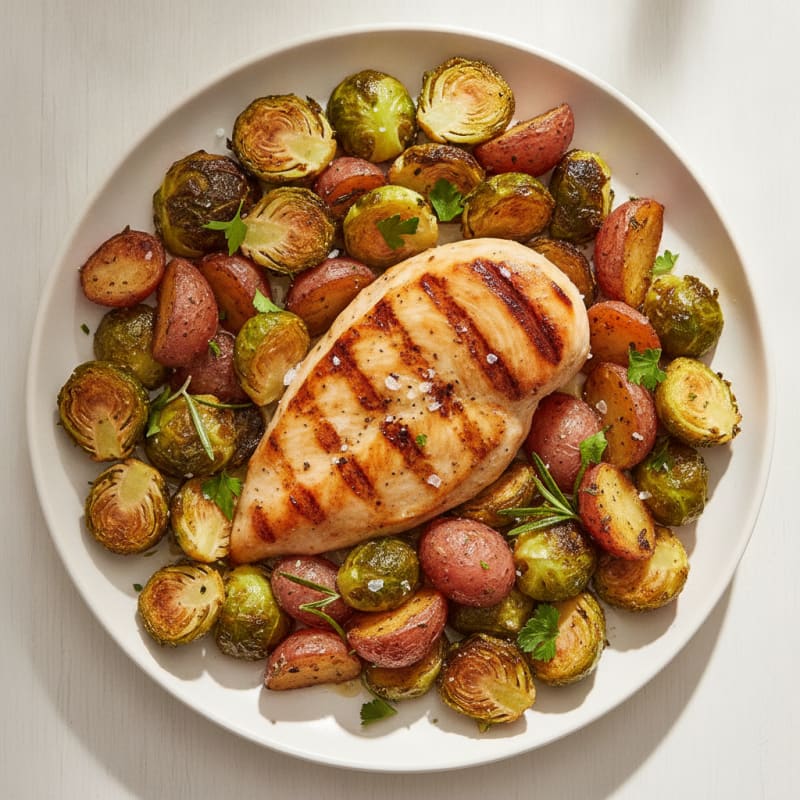 Grilled Chicken Breast with Crispy Brussel Sprouts and Herb Potatoes