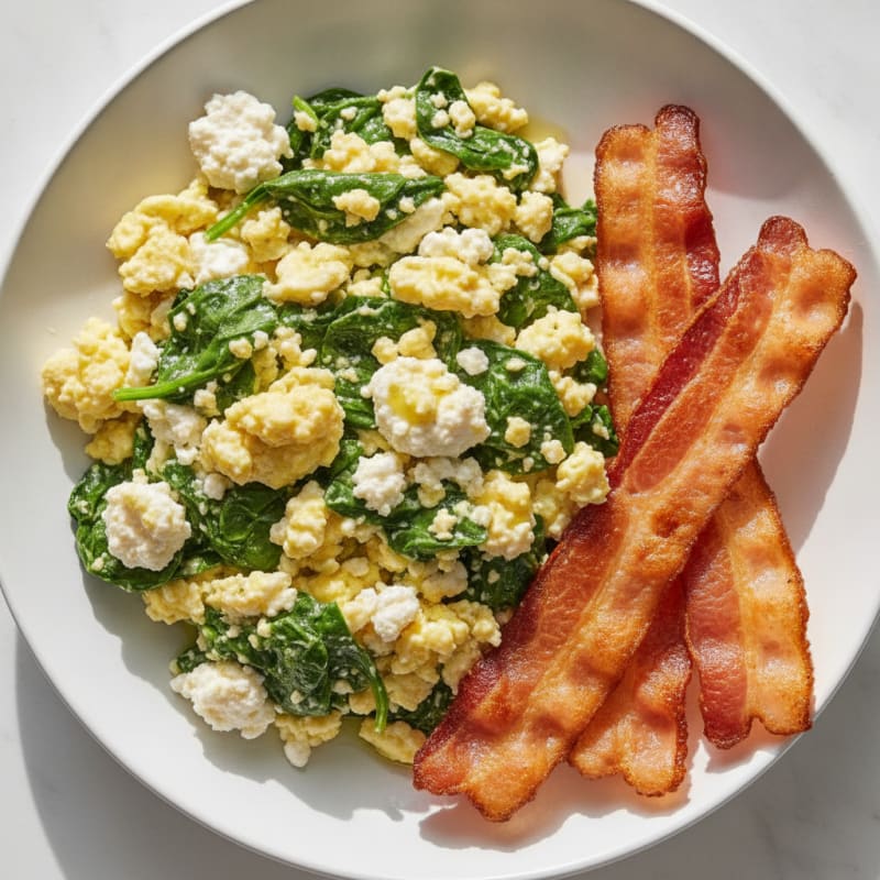 Cottage Cheese Egg Scramble with Spinach and Turkey Bacon