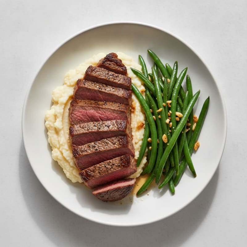 Seared Lean Beef with Garlic Green Beans and Cauliflower Mash