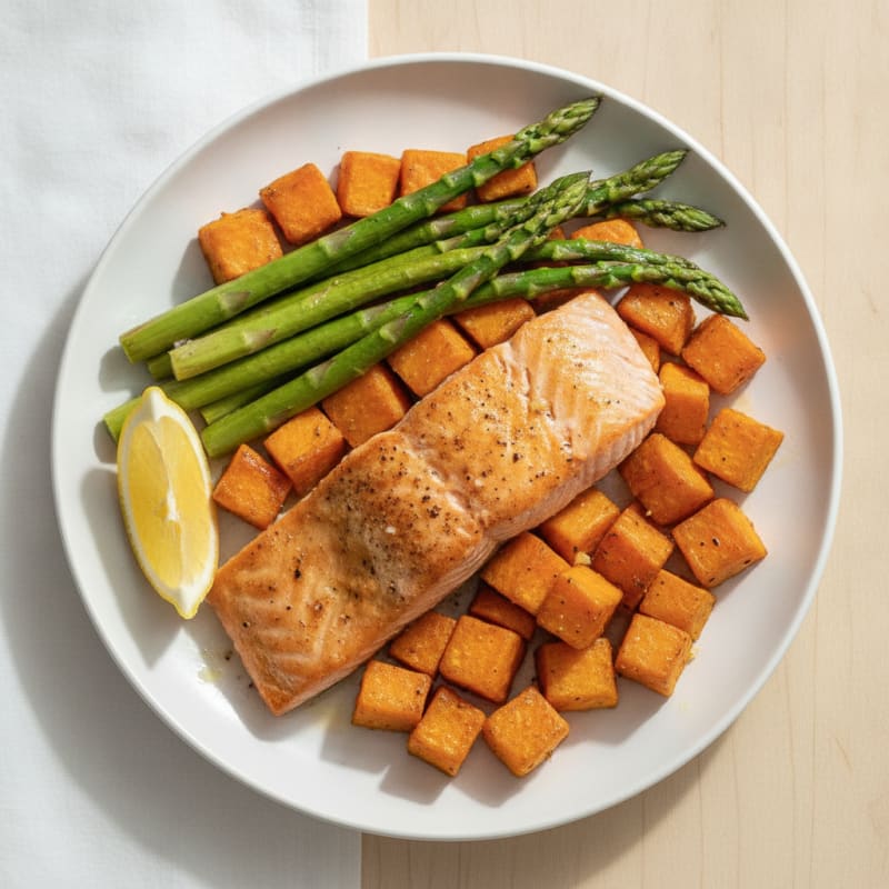 Seared Salmon with Roasted Sweet Potato and Asparagus