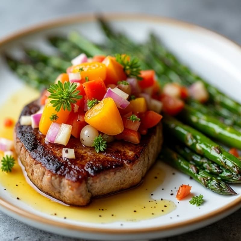 Pan-Seared Steak with Fresh Apricot Salsa and Crispy Roasted Asparagus