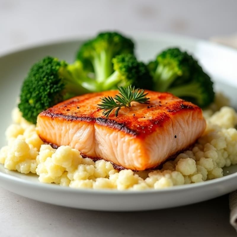 Seared Salmon with Steamed Broccoli and Cauliflower Mash
