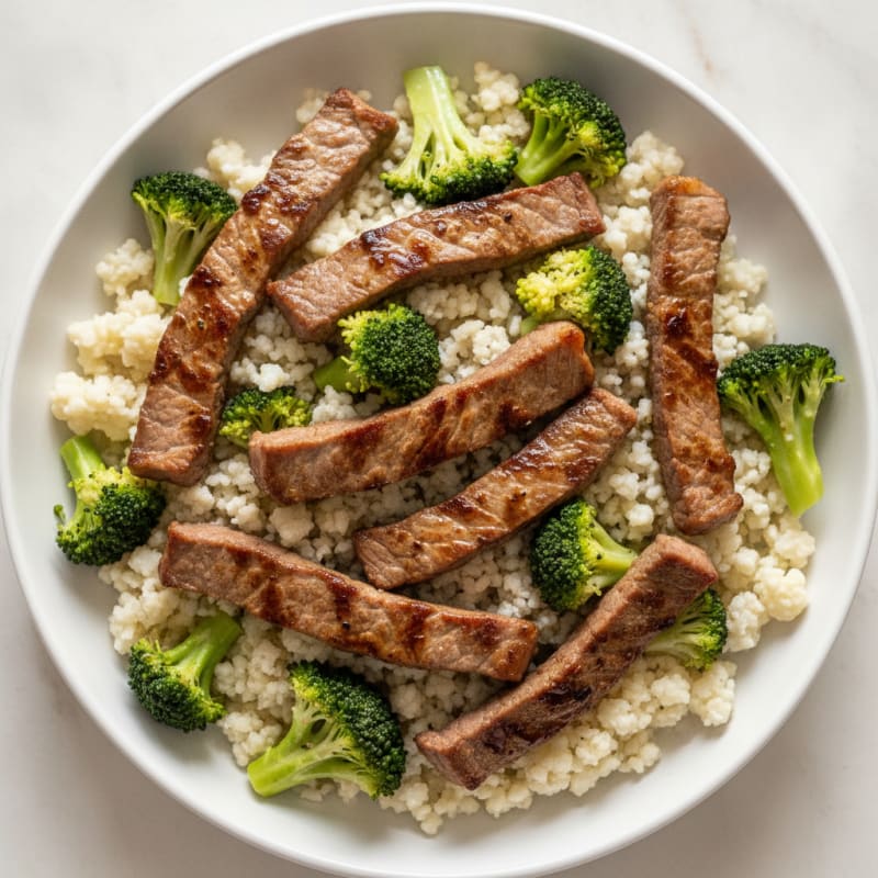 Seared Lean Beef Strips with Steamed Broccoli and Cauliflower Rice