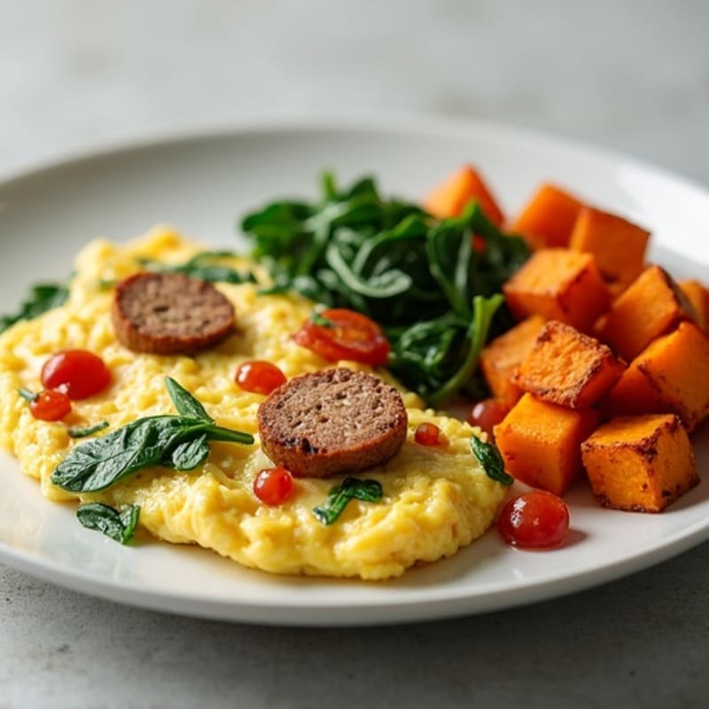 Egg White and Turkey Sausage Scramble with Spinach and Roasted Sweet Potato