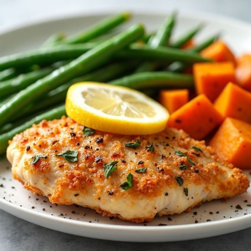 Crispy Lemon Herb Chicken with Roasted Sweet Potatoes and Green Beans