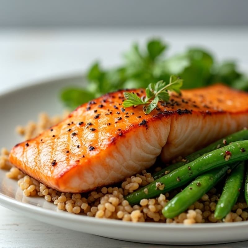 Seared Salmon with Garlic Green Beans and Brown Rice