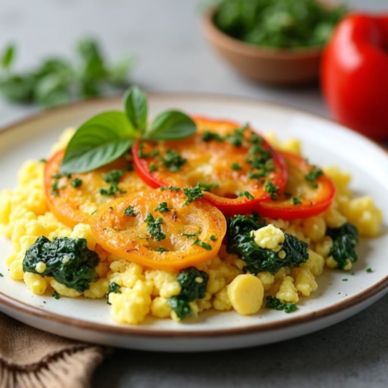 Fluffy Herb Scrambled Eggs with Sautéed Spinach and Bell Peppers