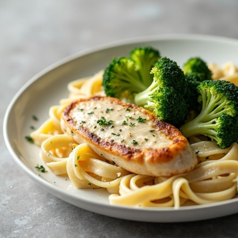 Healthy Creamy Chicken Alfredo with Roasted Broccoli