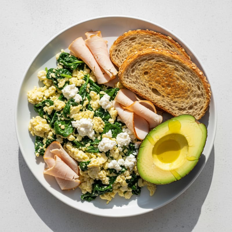 Egg White Spinach Scramble with Cottage Cheese and Sliced Turkey