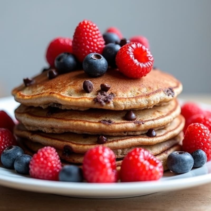 Fluffy Chocolate Chip Protein Pancake Stack with Fresh Berries