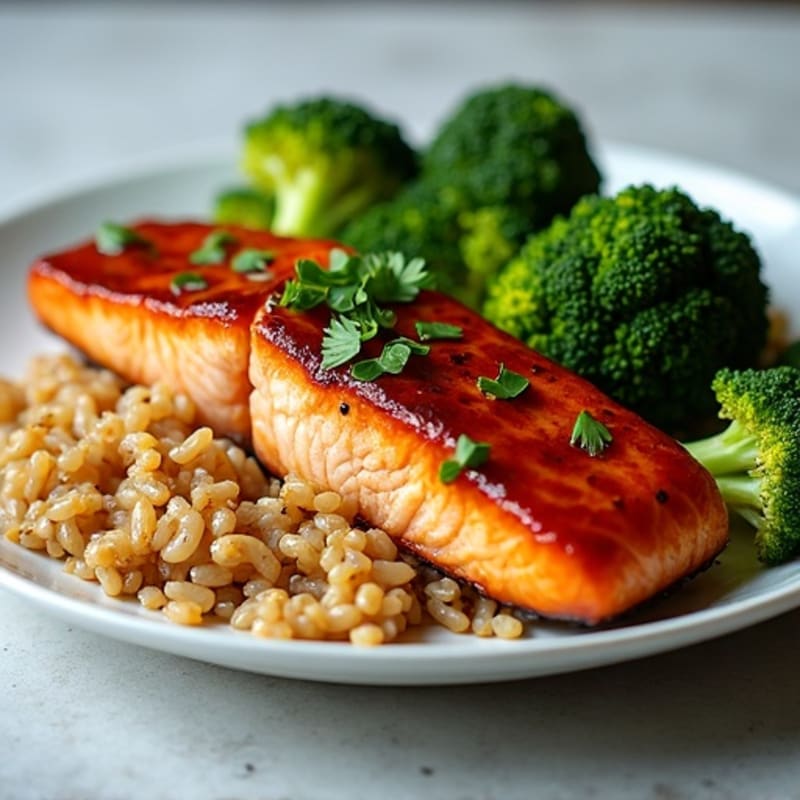 Soy Glazed Salmon with Roasted Broccoli and Brown Rice
