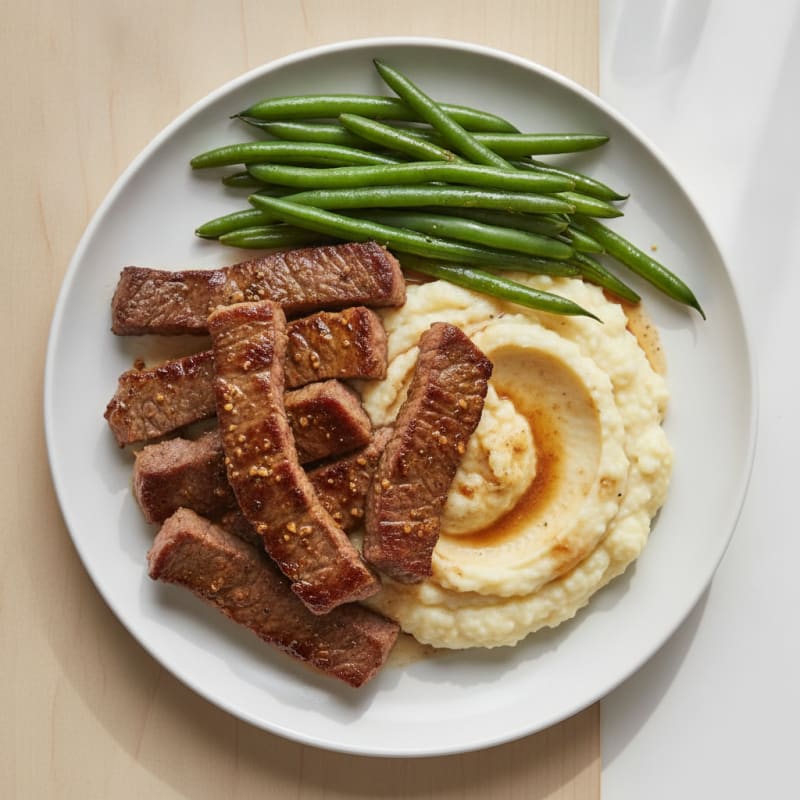 Seared Lean Beef Strips with Steamed Green Beans and Cauliflower Mash
