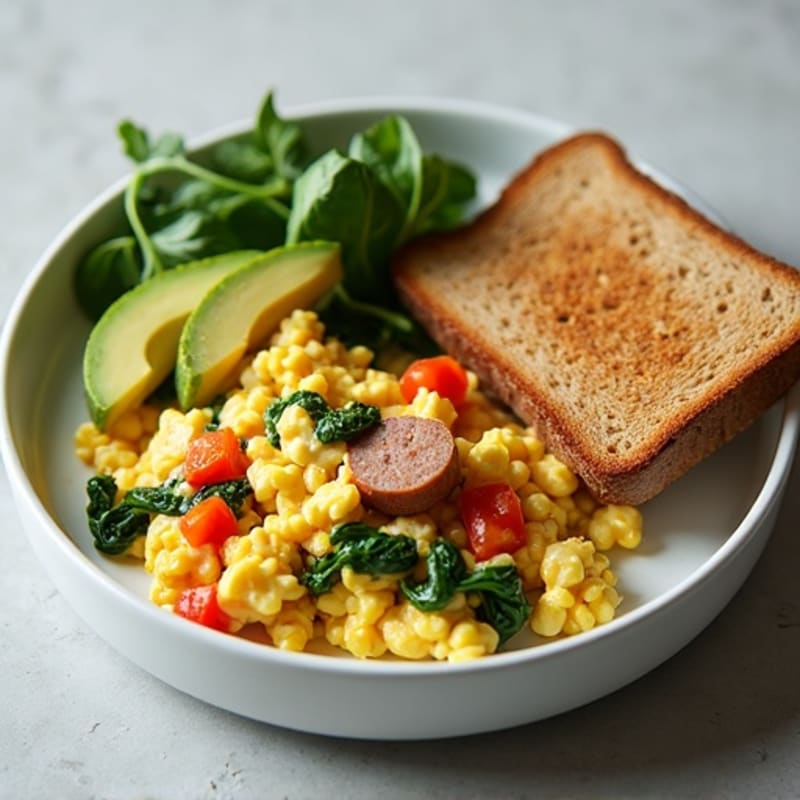Egg White and Turkey Sausage Scramble with Cottage Cheese and Spinach