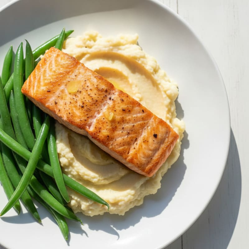 Seared Salmon with Steamed Green Beans and Cauliflower Mash
