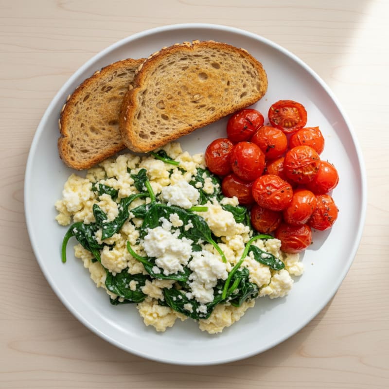 Egg White and Spinach Scramble with Cottage Cheese and Cherry Tomatoes