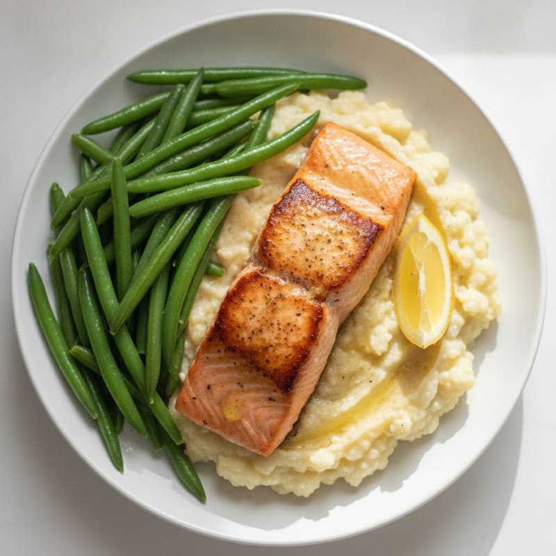 Seared Salmon with Steamed Green Beans and Cauliflower Mash