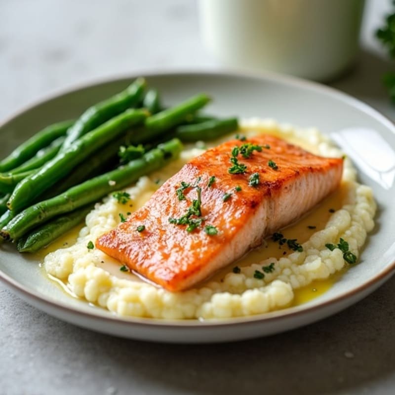 Seared Salmon with Steamed Green Beans and Cauliflower Mash