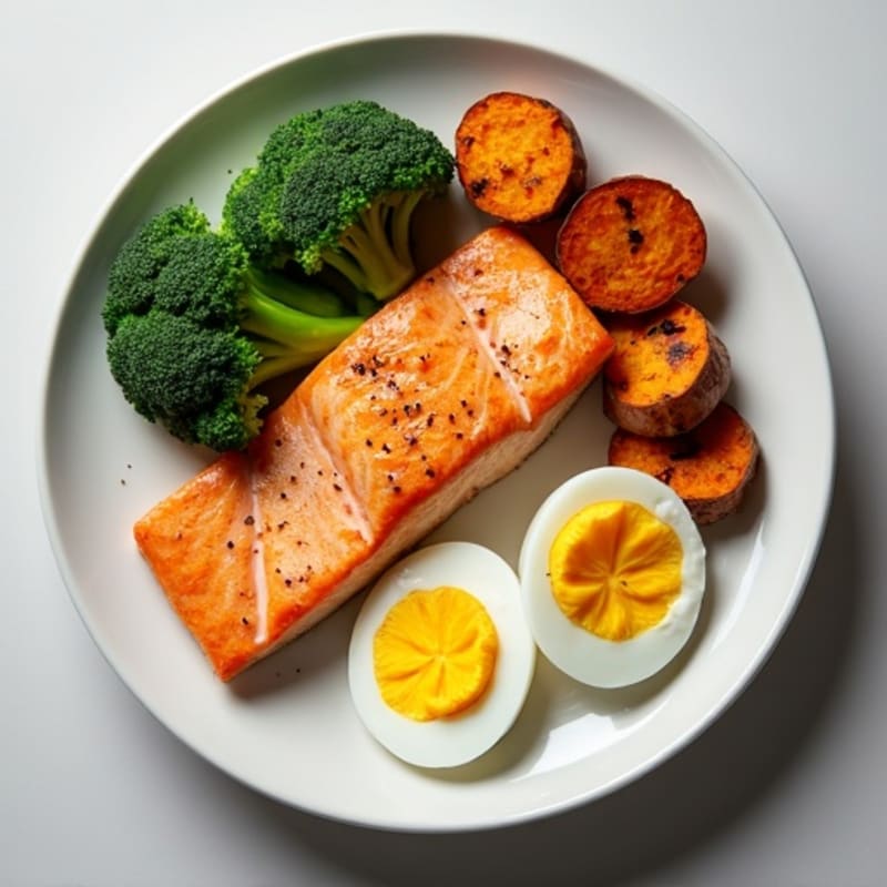 Flaky Baked Salmon with Steamed Broccoli, Roasted Sweet Potato and Hard-Boiled Eggs