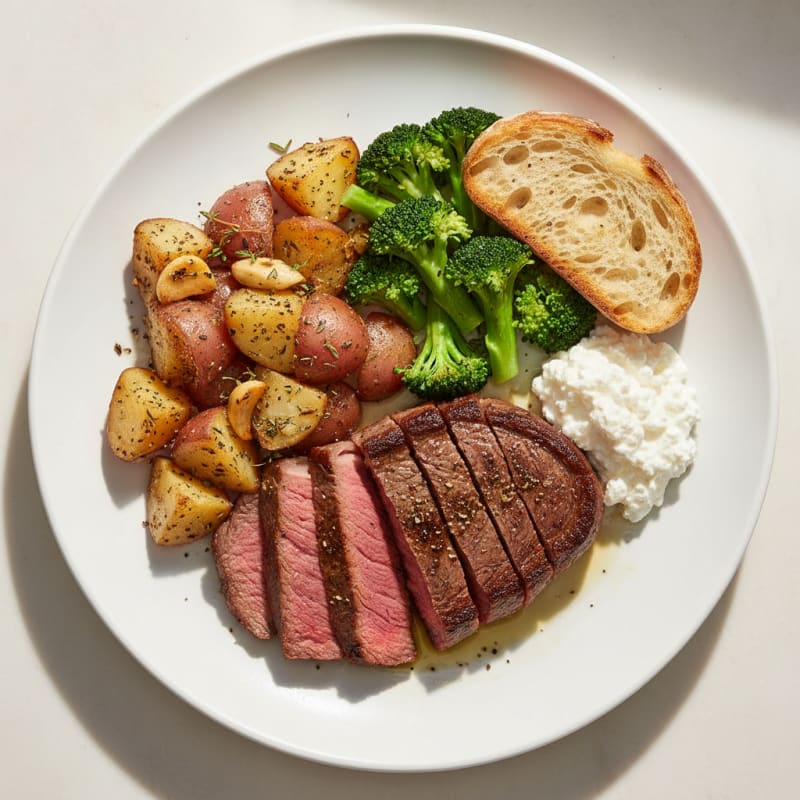 Seared Beef Steak with Garlic Herb Roasted Potatoes and Steamed Broccoli