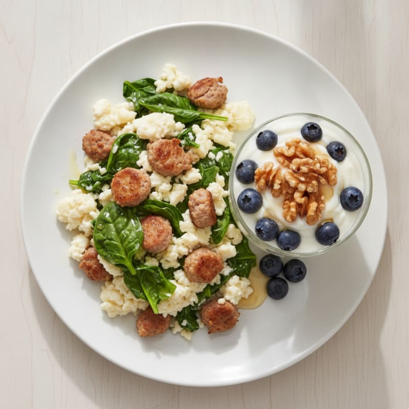 Egg White Scramble with Lean Turkey Sausage and Greek Yogurt Parfait