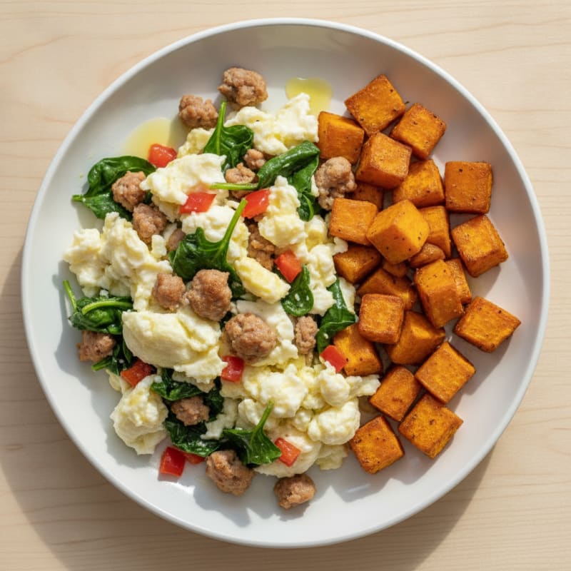 Egg White Scramble with Turkey Sausage and Roasted Sweet Potato