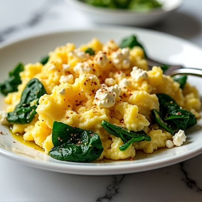 Fluffy Scrambled Eggs with Fresh Spinach and Crumbled Feta