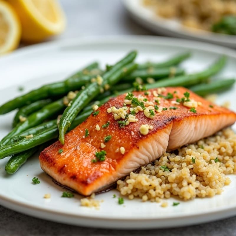 Pan-Seared Salmon with Garlic Green Beans and Quinoa