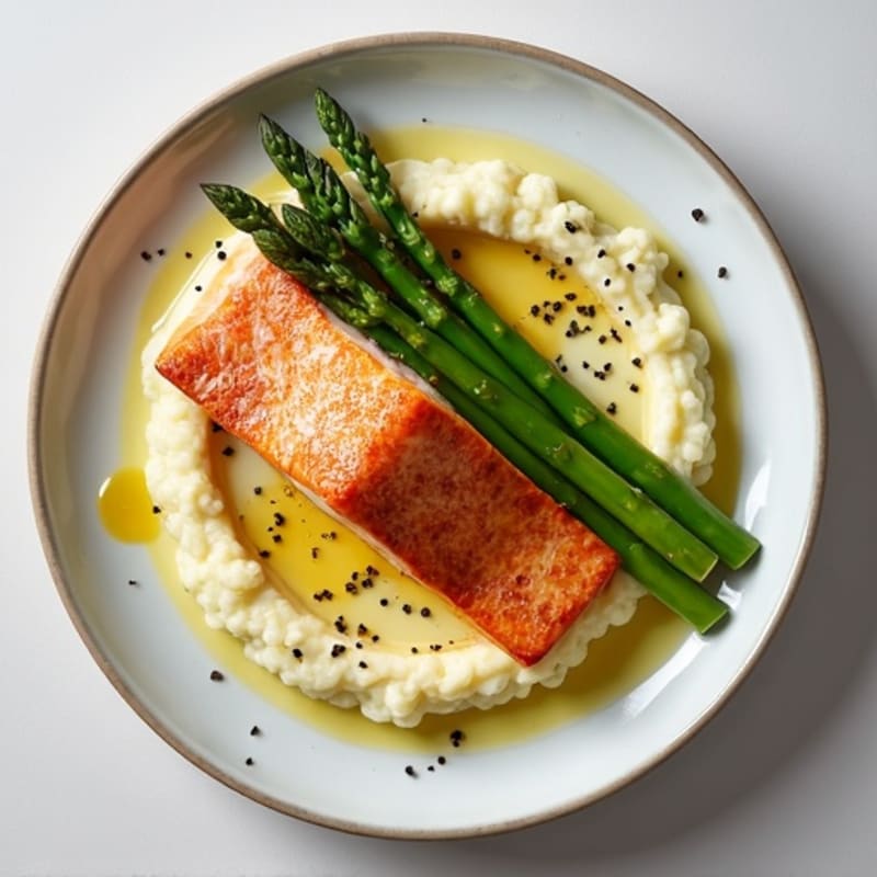 Seared Salmon Fillet with Steamed Asparagus and Cauliflower Mash