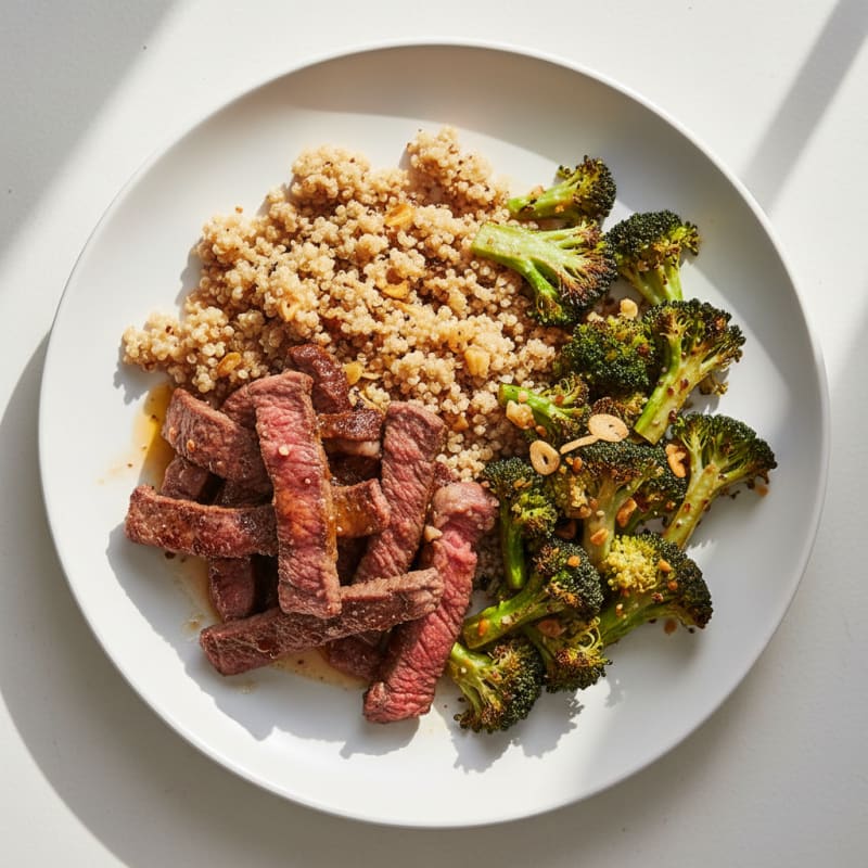 Seared Lean Beef Strips with Roasted Broccoli and Garlic Quinoa