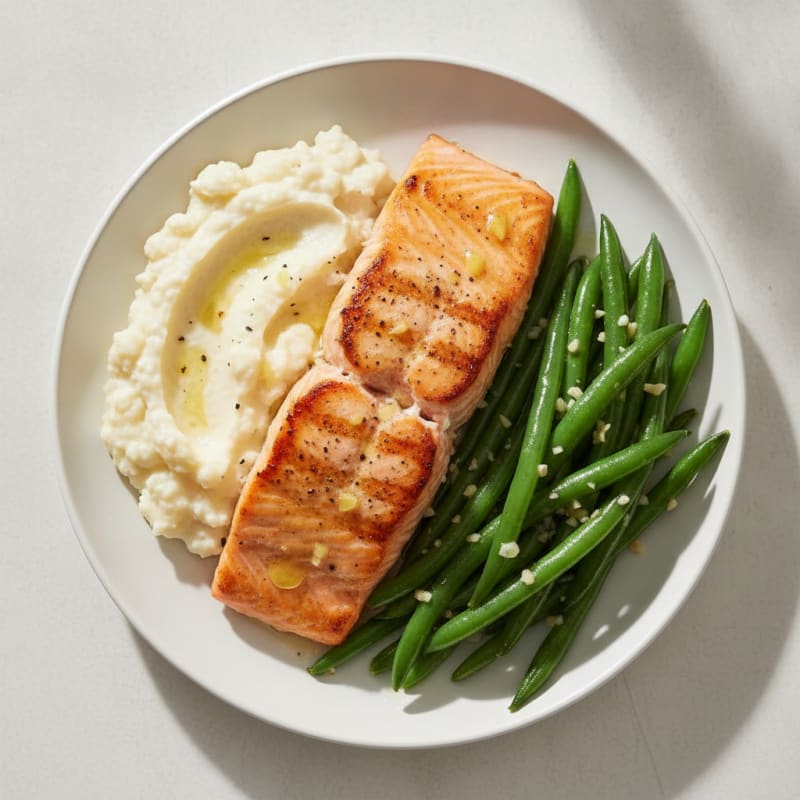 Seared Salmon with Garlic Green Beans and Cauliflower Mash