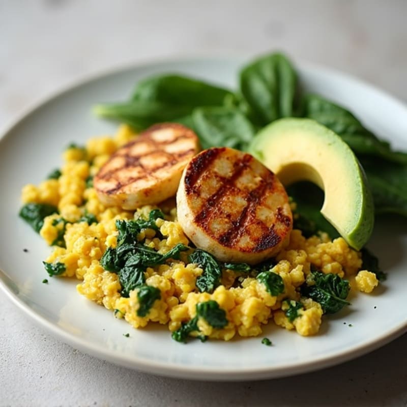 Silky Tofu Scramble with Spinach and Grilled Chicken