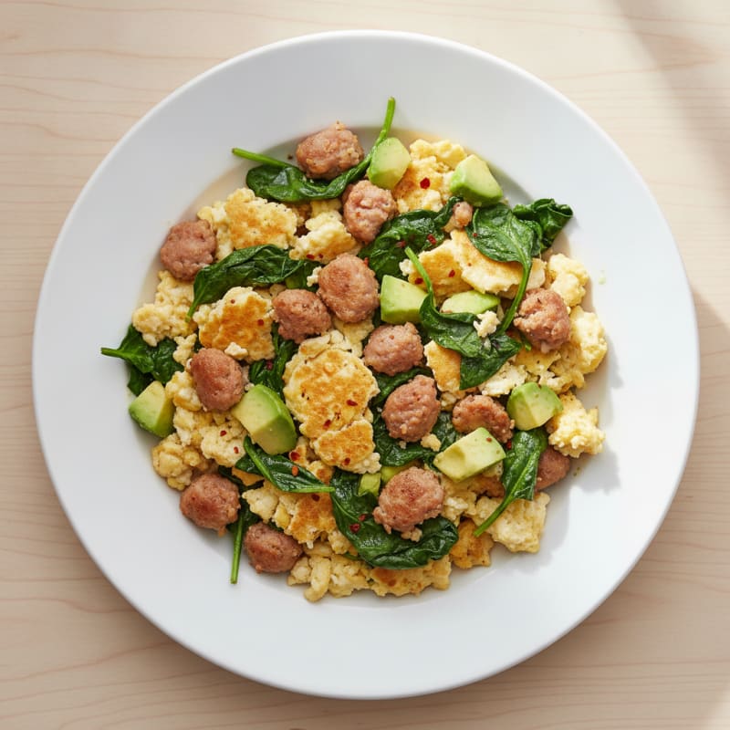 Egg White Scramble with Turkey Sausage and Sautéed Spinach