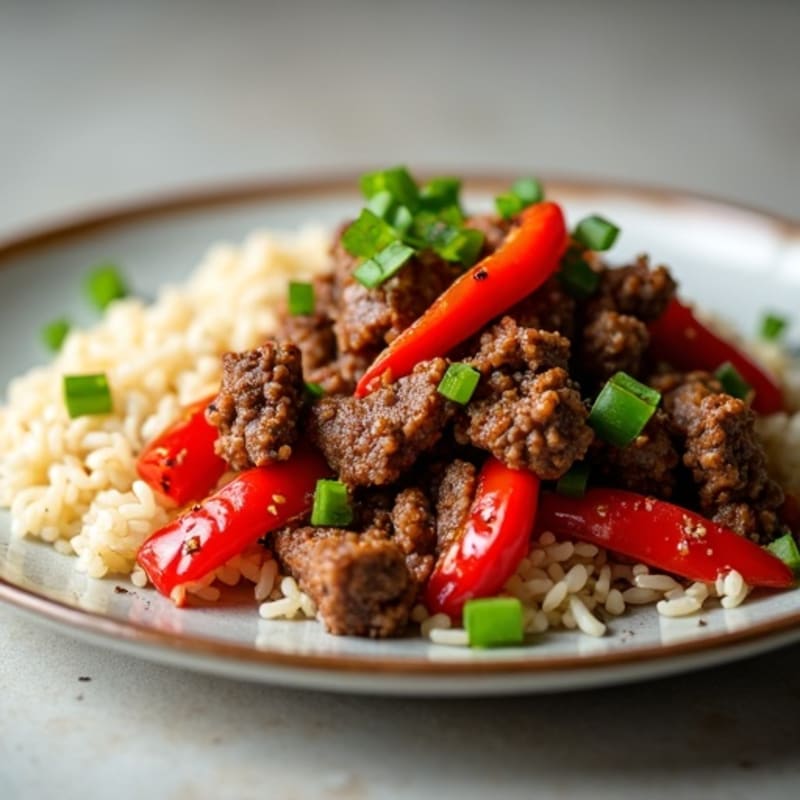 Crispy Ground Wagyu Beef and Bell Peppers with Jasmine Rice