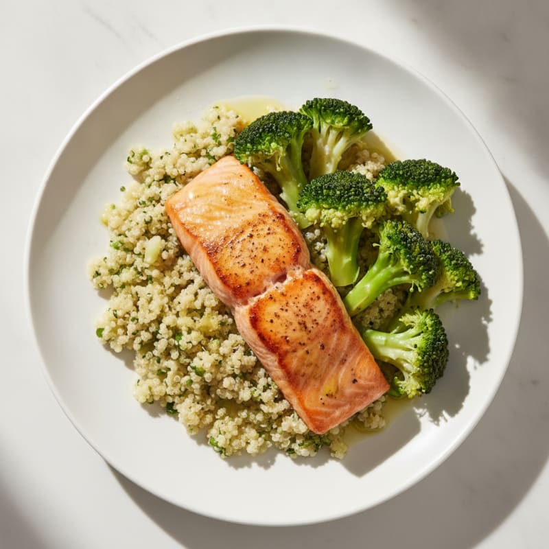 Pan-Seared Salmon with Steamed Broccoli and Quinoa
