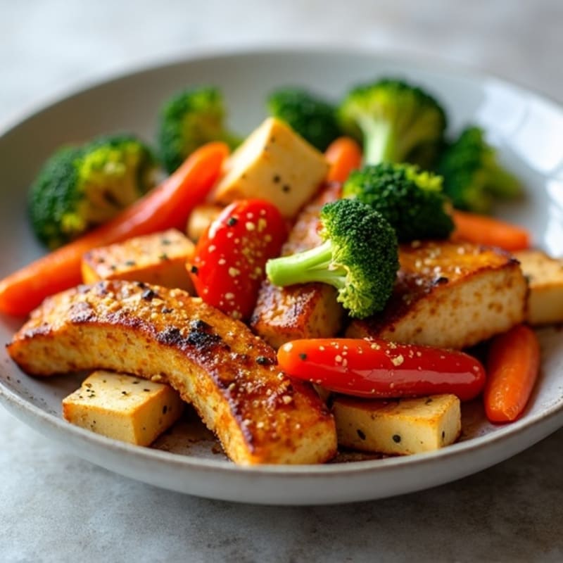 Sweet-Sticky Maple Glazed Tempeh with Ginger Roasted Vegetables