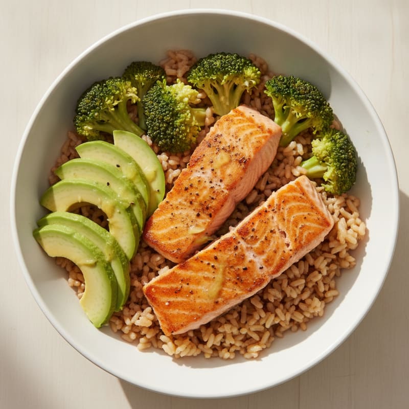 Seared Salmon Rice Bowl with Steamed Broccoli and Avocado