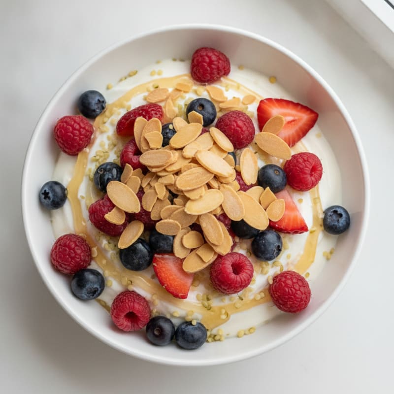 Greek Yogurt Protein Parfait with Mixed Berries and Almonds