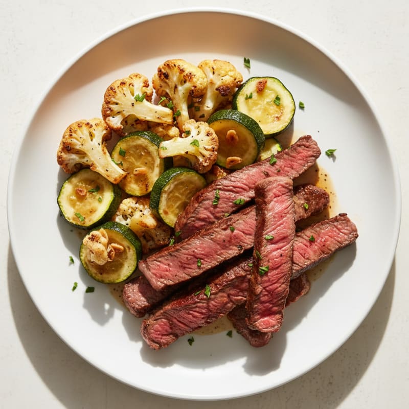 Seared Lean Beef Strips with Roasted Cauliflower and Zucchini