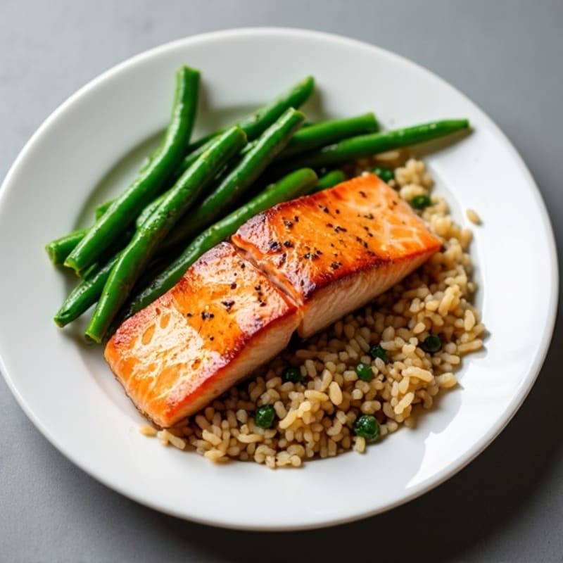 Seared Salmon with Garlic Green Beans and Brown Rice