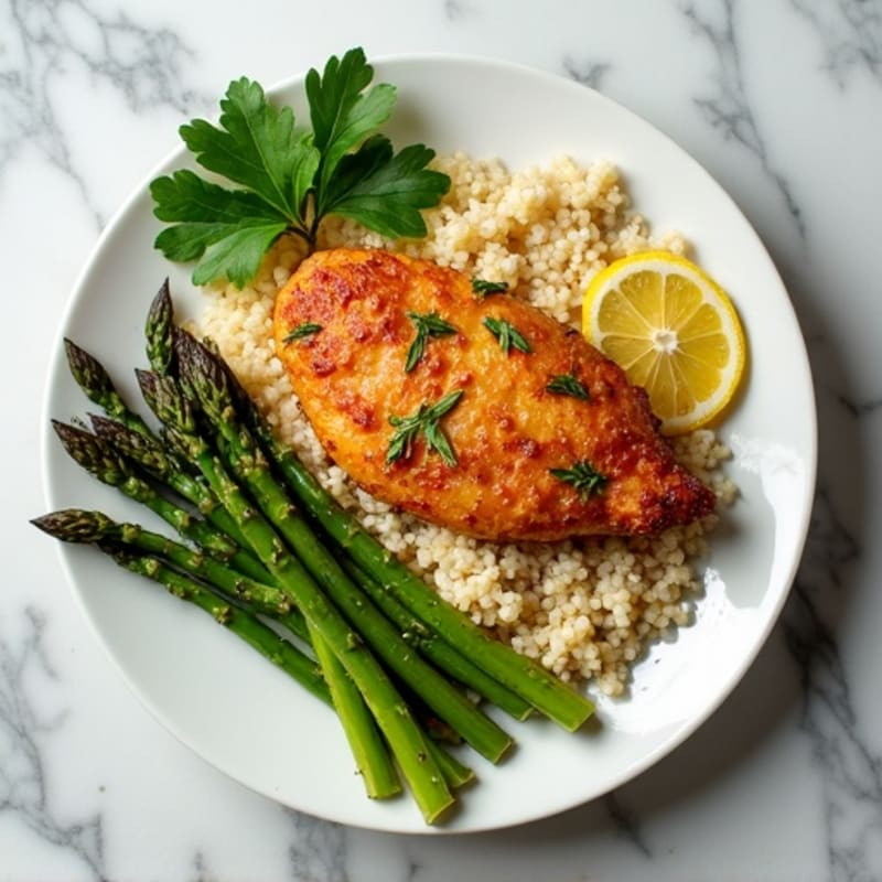 Crispy Air-Fried Lemon Herb Chicken and Roasted Asparagus with Quinoa