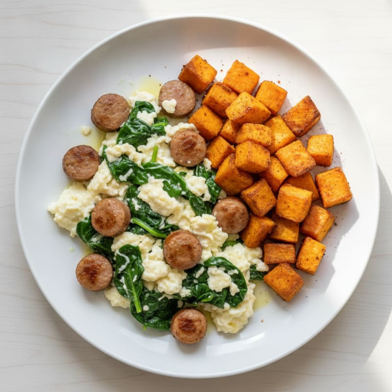 Egg White and Spinach Scramble with Turkey Sausage