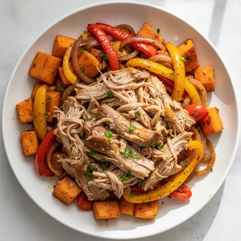 Slow-Cooked Shredded Pork with Roasted Sweet Potatoes